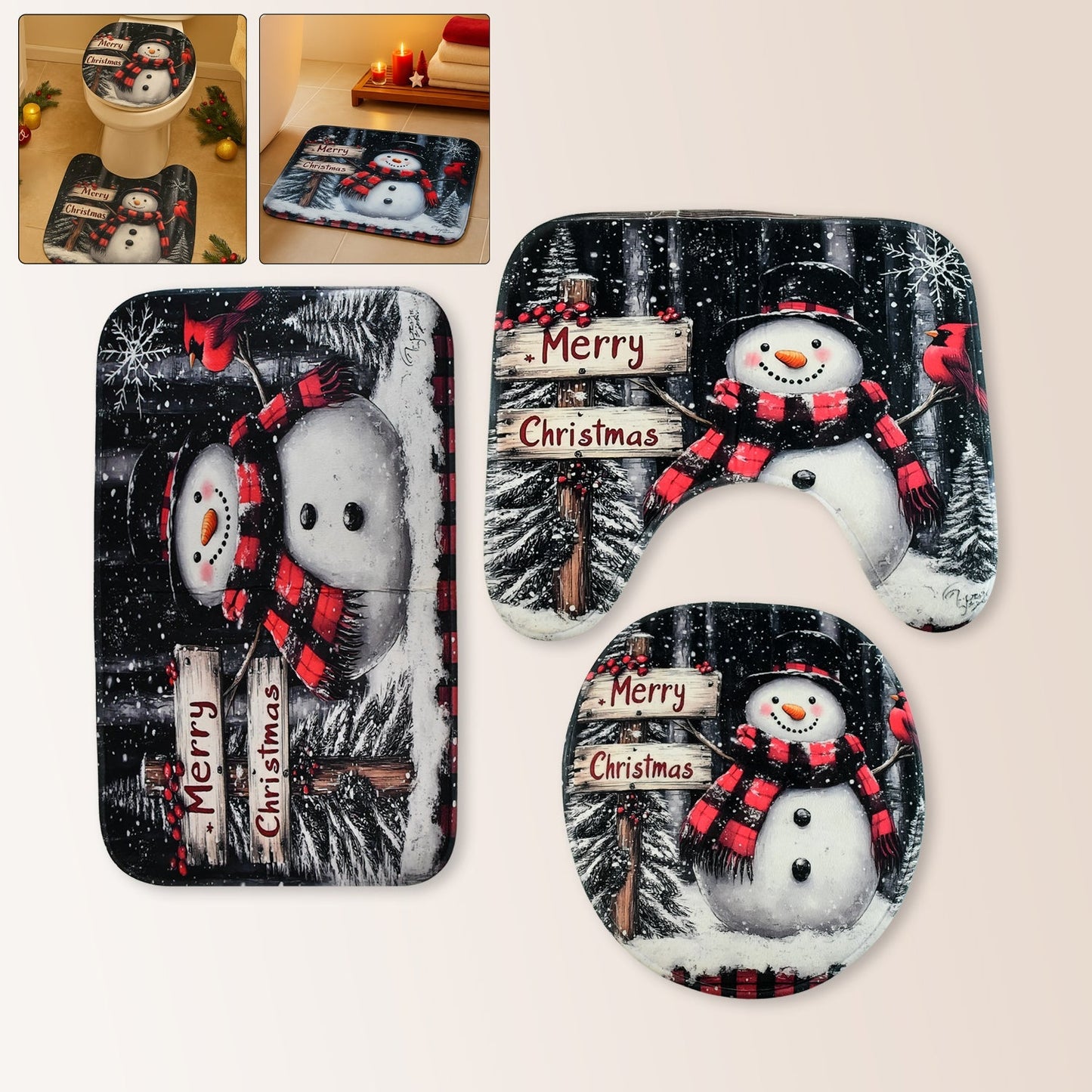 3 in 1 Christmas-Themed Bathroom Mat - (1 Set)