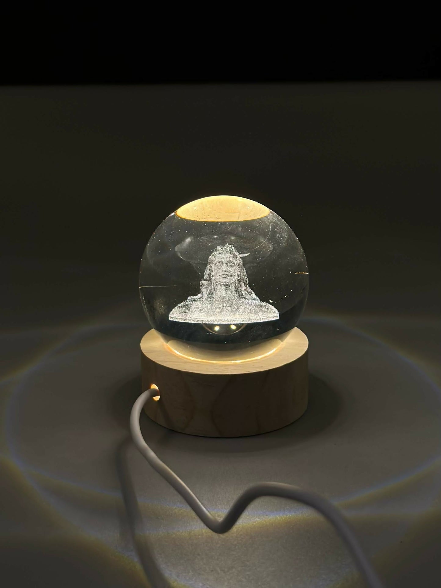 3D Crystal Glass Shiva Sculpture LED Night Lamp with Wooden Base – Illuminated Adiyogi Bust Decorative Light for Meditation, Spiritual Home Décor, and Gift Purposes